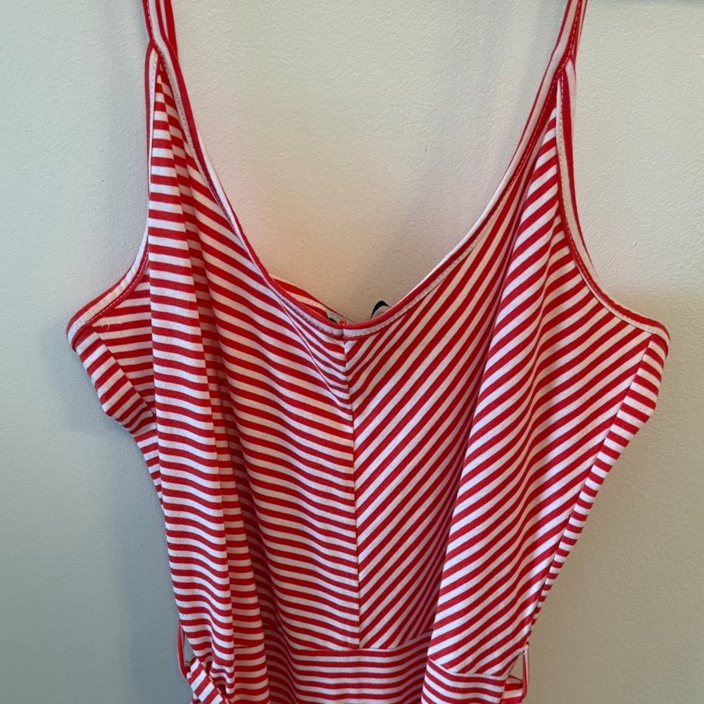 Striped Red & White Sleeveless Dress with Waist Tie - Picture 2 of 4